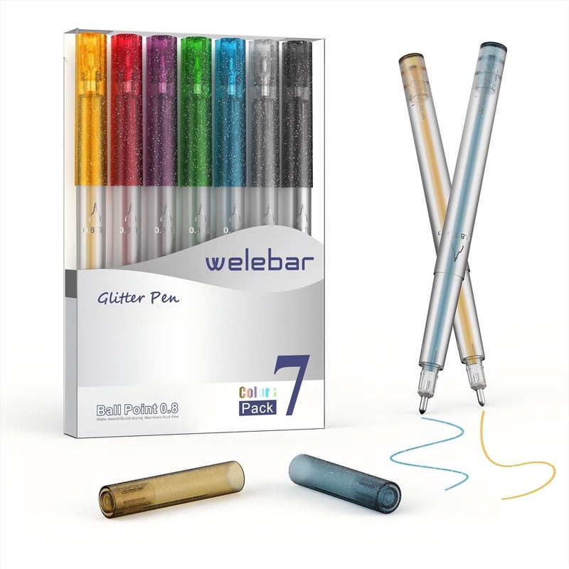 welebar Glitter Gel Pen Set Compatible with Cricut Maker 3/Maker 4/Maker/Explore 3/Explore 4/Air 2/Air, 0.8 Tip Glitter Pen Set of 7 Pack Medium Point Pen, Writing, Drawing, Invitations, Cards - Image 1